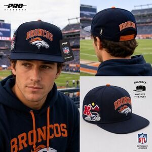 Pro Standard Denver Broncos NFL Snapback Hat Navy Blue Orange Leather Button NWT